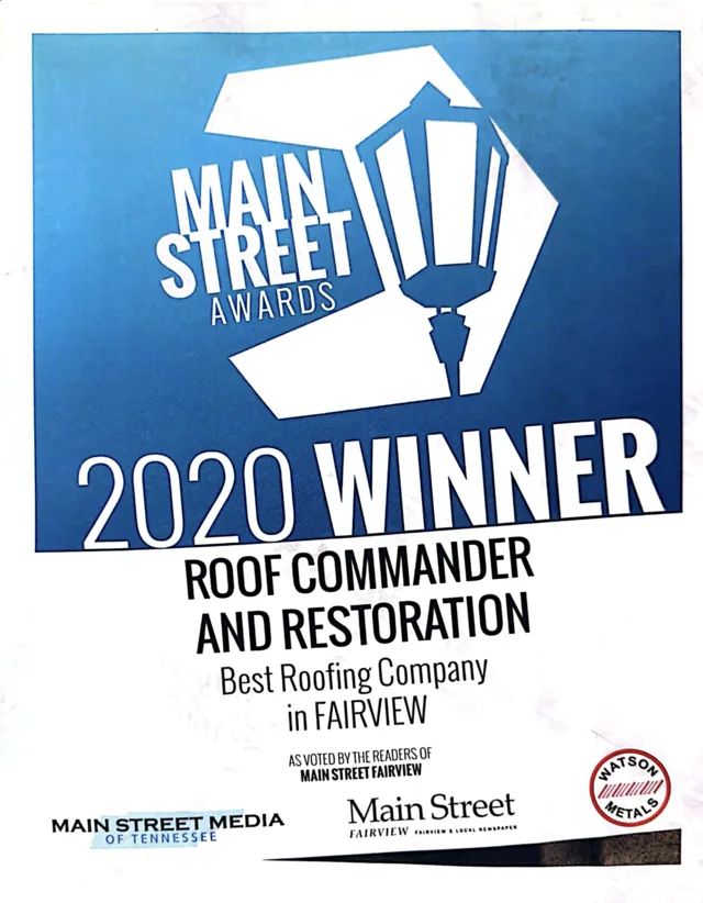 2020 Main Street Awards recognition for Roof Commander