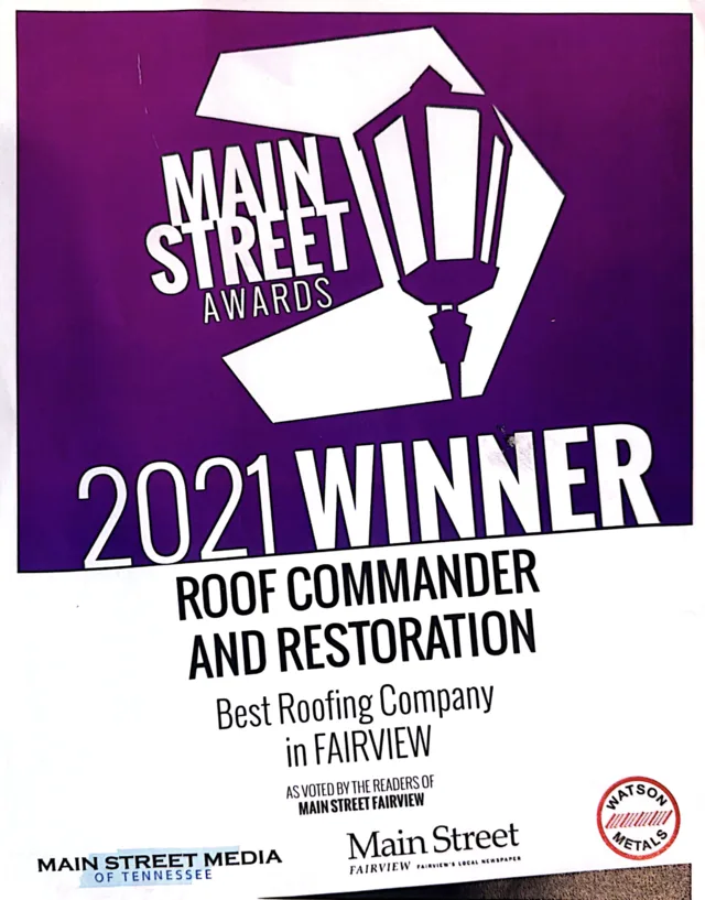 2021 Main Street Awards recognition for Roof Commander